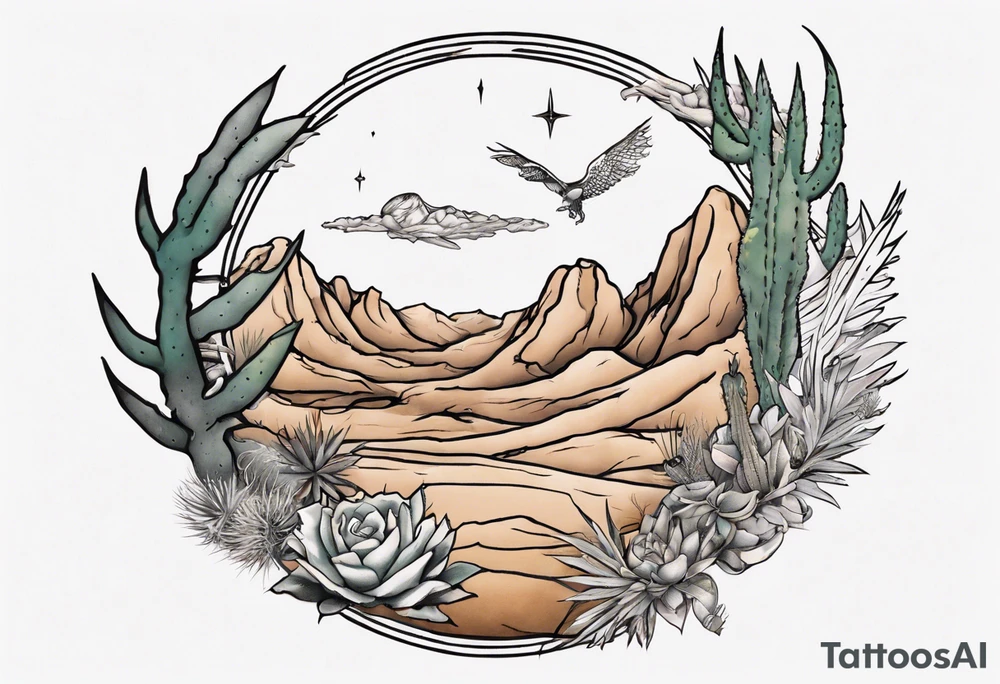 rectangle tattoo within a half-circle configuration with desert fauna tattoo idea