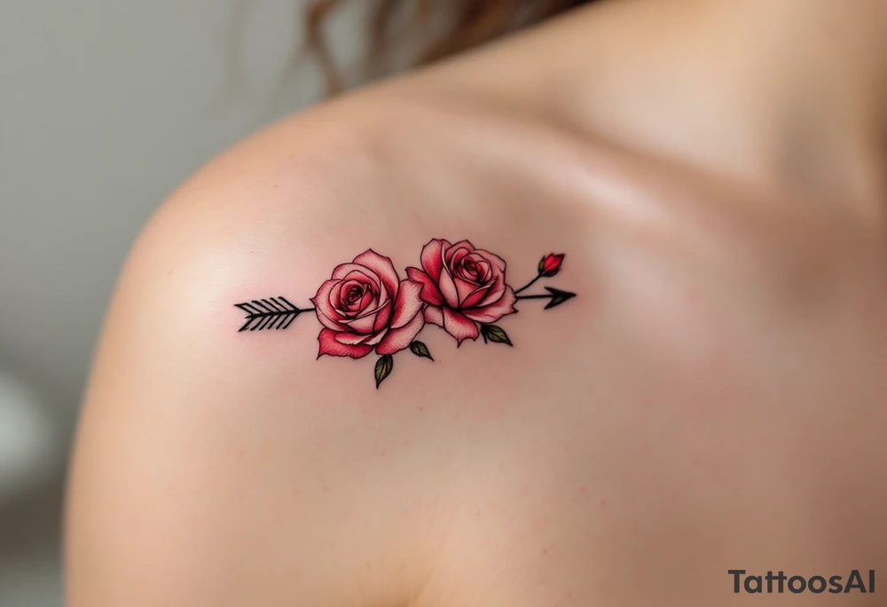 An arrow intertwined with blooming roses in deep red and soft pink hues, symbolizing love and passion. tattoo idea