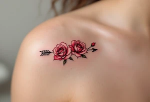 An arrow intertwined with blooming roses in deep red and soft pink hues, symbolizing love and passion. tattoo idea