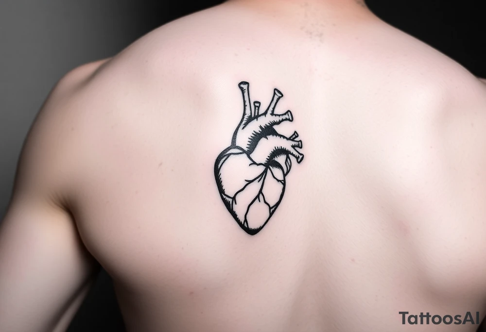 woodcut realistic heart etching tattoo on back of tricep tattoo idea
