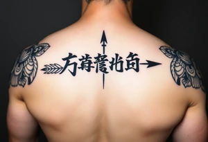 japanese text on chest with arrow tattoo idea