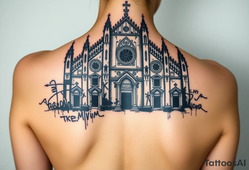 Milan Cathedral damaged and covered in graffiti, large tattoo tattoo idea