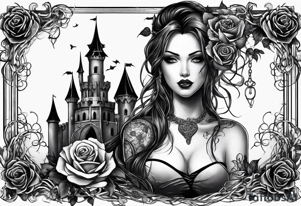 tattoo fool sleeve, dark gothic castle, tree roots break out of the chains, broken mask, roses tattoo idea