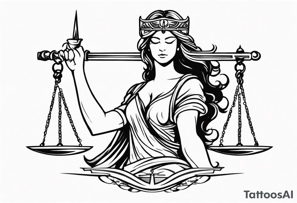 Lady justice with blindfolded eyes, holding a sword in the one hand and a libra in the other tattoo idea