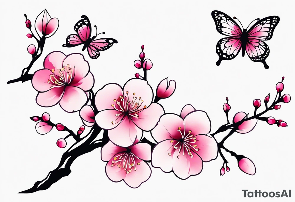 Vibrant, pink plum blossom flowers with butterflies tattoo idea