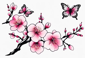 Vibrant, pink plum blossom flowers with butterflies tattoo idea