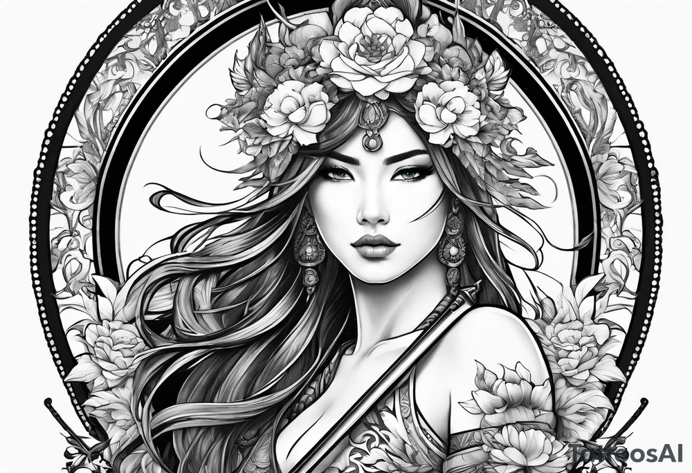 ornate beautiful woman warrior with weapon & floral arch background tattoo from head to torso tattoo idea