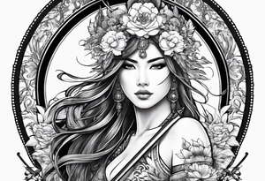 ornate beautiful woman warrior with weapon & floral arch background tattoo from head to torso tattoo idea