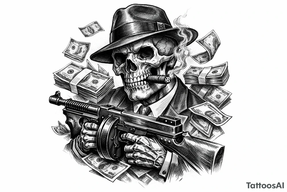 skull with cigar in his mouth,mafia-hat,machine-gun in his hands,surrounded by money. tattoo idea