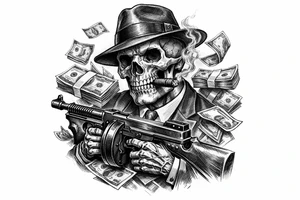 skull with cigar in his mouth,mafia-hat,machine-gun in his hands,surrounded by money. tattoo idea