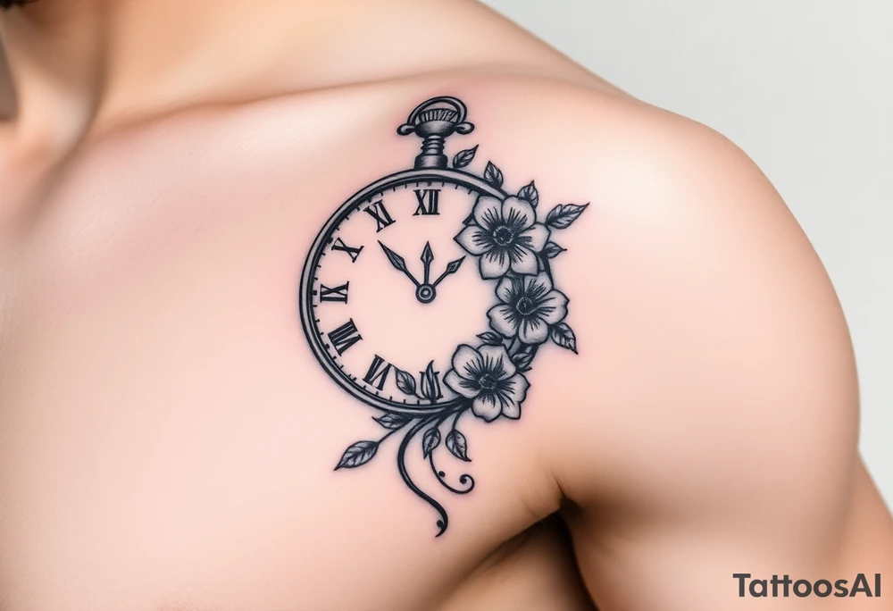 Clock with flower of love tattoo idea