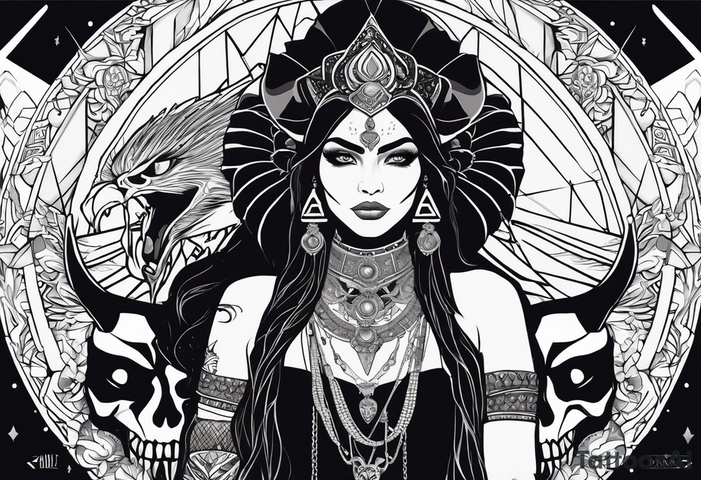 kali ma, alien goddess, valkrye, pirate, divine feminine, zenza resonance, pachamama, lotus azul, blank panther, eagle, skull, 5D, nueva gaya, dna 12 tattoo idea