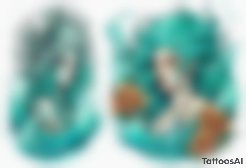 a beautiful female sea demon with turquoise hair standing in the sea surrounded by crashing waves tattoo idea
