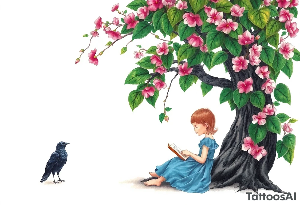A tree of Impatiens walleriana, a little girl wearing a blue dress sitting under it while reading. A small raven watching her.


. tattoo idea
