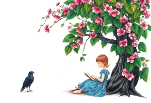 A tree of Impatiens walleriana, a little girl wearing a blue dress sitting under it while reading. A small raven watching her.


. tattoo idea