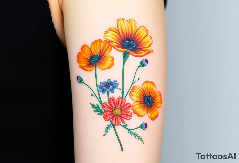 Create an image of an upper arm tattoo (from shoulder cap to just above the elbow) comprised of California poppies, California blackberries, gray’s lupine, marsh marigold, Indian paintbrush, one daisy, and an orange and orange blossom. Use color tattoo idea