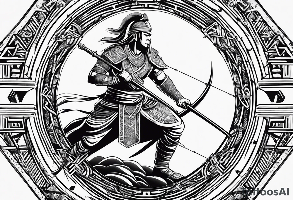 samorai warrior holding his sword with arrows at his back bending on his knees. ready to fight tattoo idea