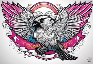 Corbeau en position de vol, avec le nom d'Emma au dessus del ailes tattoo idea