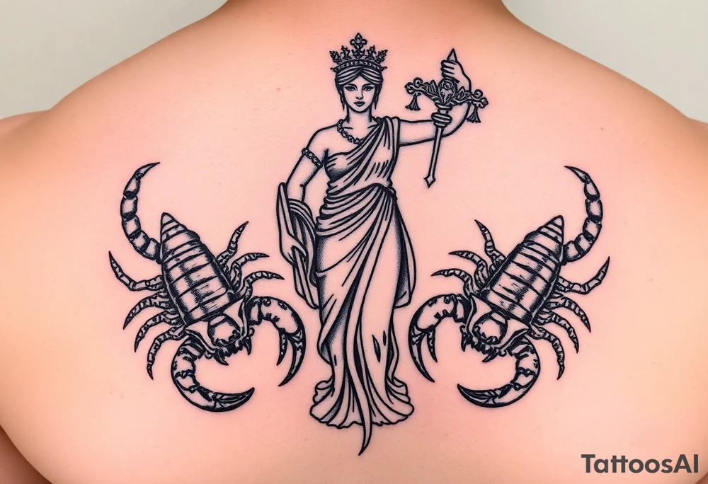 The figure of Lady Justice next to two Scorpions tattoo idea
