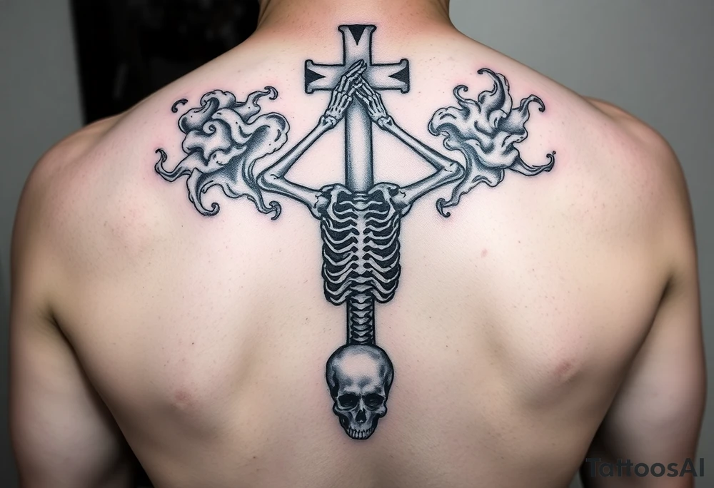 Skeleton in despair, surrounded by smoke, upside down cross, demon woman tattoo idea