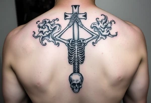 Skeleton in despair, surrounded by smoke, upside down cross, demon woman tattoo idea