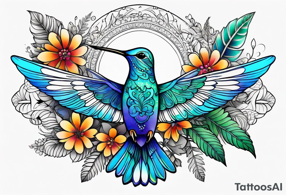 Hummingbird with mandala and flowers background, fern leaves tattoo idea