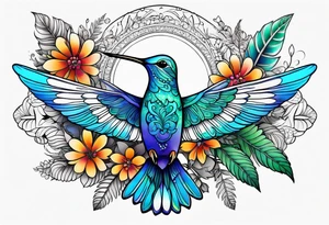 Hummingbird with mandala and flowers background, fern leaves tattoo idea