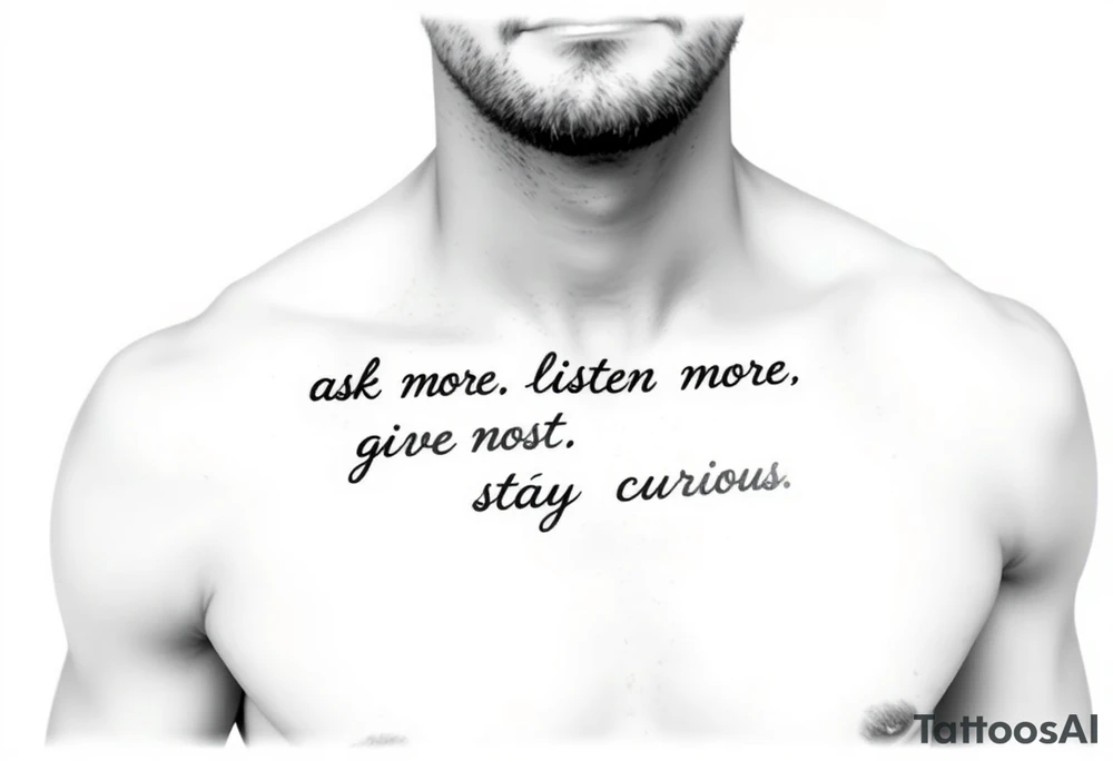 a tattoo on a man's front left clavicle that reads ask more. listen more. give more. love first. stay curious. tattoo idea