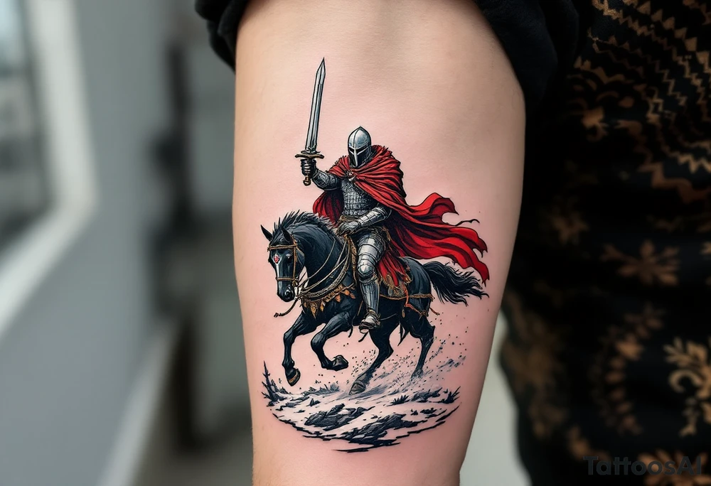 Rusichi Warrior – A stern-faced Slavic knight in chainmail, with blood-red cloak and silver sword raised, riding a black stallion across snow-covered terrain. tattoo idea