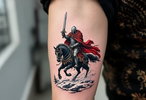 Rusichi Warrior – A stern-faced Slavic knight in chainmail, with blood-red cloak and silver sword raised, riding a black stallion across snow-covered terrain. tattoo idea