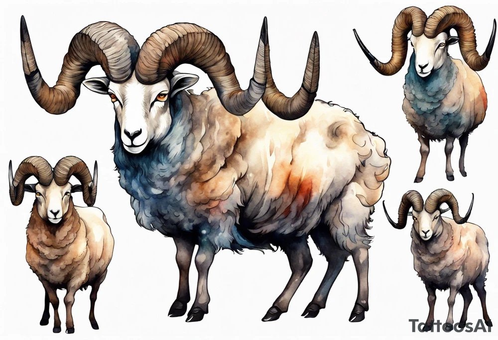 a large man with the head and feet of a big horned sheep tattoo idea