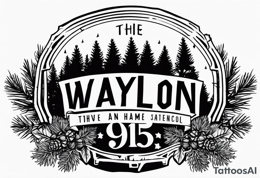 the name Waylon with the date 9/15/23 underneath with pinecones and trees in the background tattoo idea