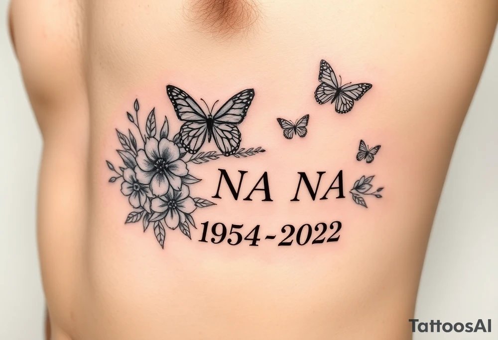 memorial tattoo with flowers and butterflies with the name “NANA” and the date “1954-2022” mixed all together on the side of the rib cage tattoo idea