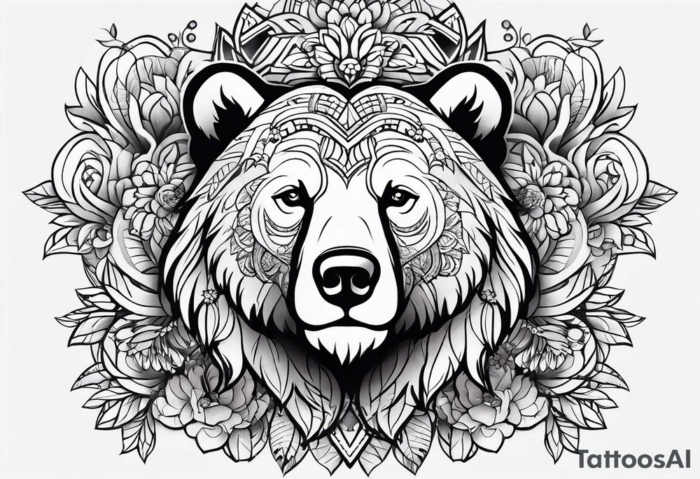Tribal bear face with flower ear tattoo idea