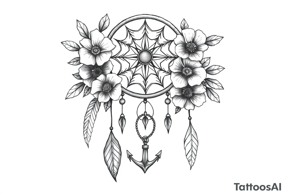 Boho dream catcher with compass and anchor Beautiful flowers and an ornamental chandelier like look tattoo idea