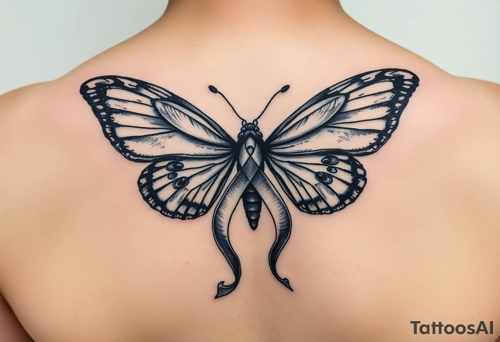 ethereal butterfly with flowing silk HIV-positive symbol ribbons in moonlight tattoo idea