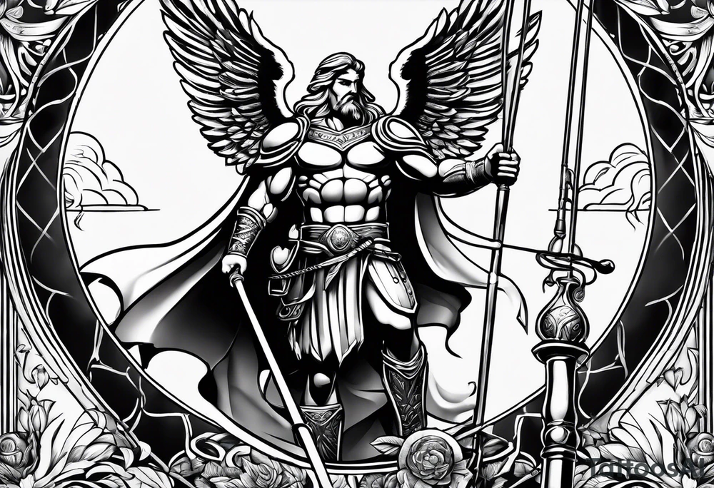 ares figure, angel, fishing rod tattoo idea