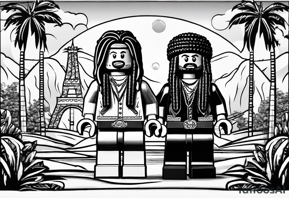 2 Lego figures in one scenery, one of them will be a Rastaman who is looking at the other one dribbling a basketball tattoo idea