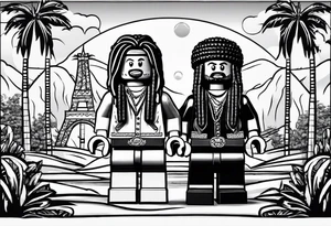 2 Lego figures in one scenery, one of them will be a Rastaman who is looking at the other one dribbling a basketball tattoo idea
