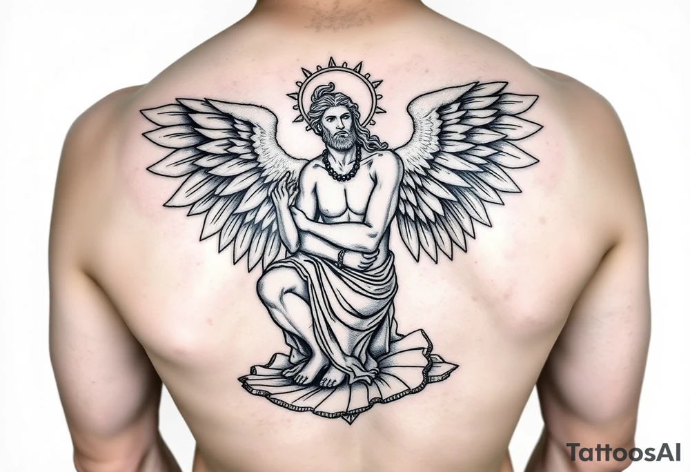 God hermes kneeling with wings wrapped around him tattoo idea tattoo idea tattoo idea