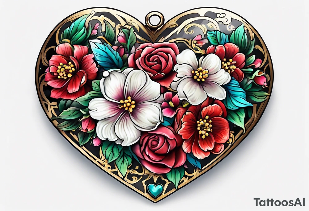 heart locket with flowers tattoo idea