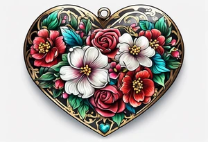 heart locket with flowers tattoo idea