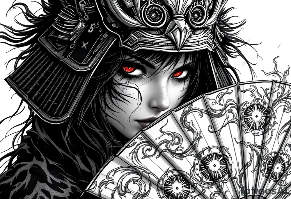 Woman samurai with red eyes wearing an half and broken kitsune mask, holding a japanese fan with irises. tattoo idea