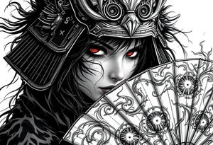 Woman samurai with red eyes wearing an half and broken kitsune mask, holding a japanese fan with irises. tattoo idea
