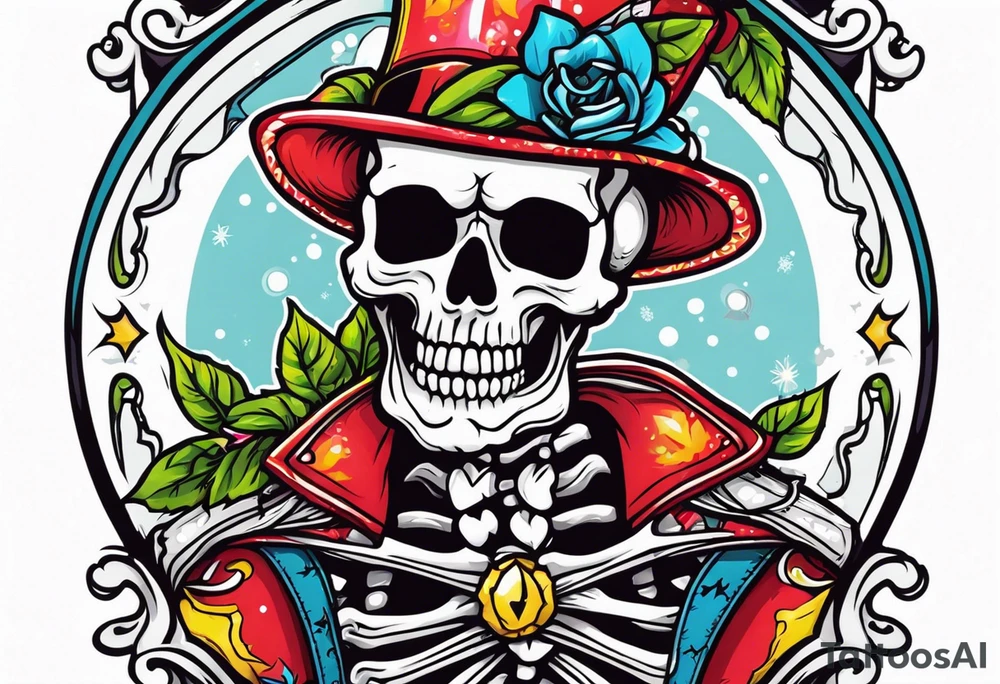 American traditional skeleton with new school sno tattoo idea