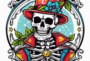 American traditional skeleton with new school sno tattoo idea