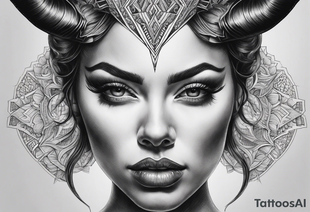 symmetrical woman head with curved horns facing downwards dark realism looking front facing view, ultra-detailed, high quality, high sharpness, hyper-realism, hyper-details, hyper-photorealistic, hyper-realistic tattoo idea