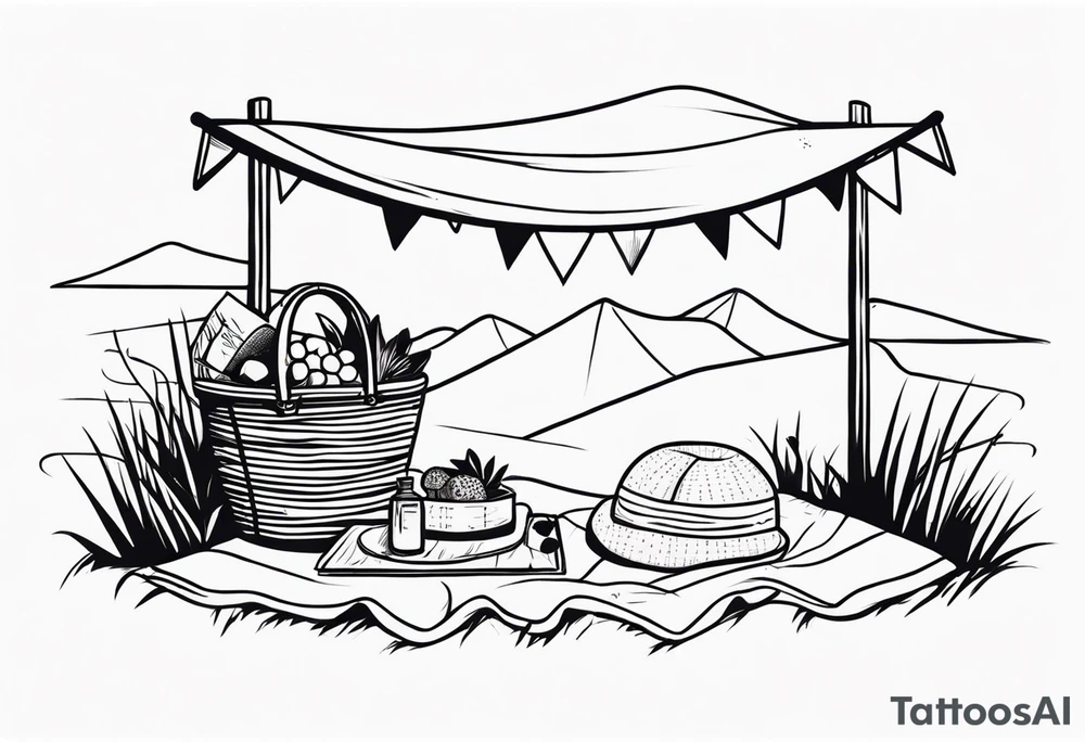 Very light and minimalstic picnic scene in nature. A blanket, picnic-basket with lid, pillows and pennants. Thin lines. tattoo idea