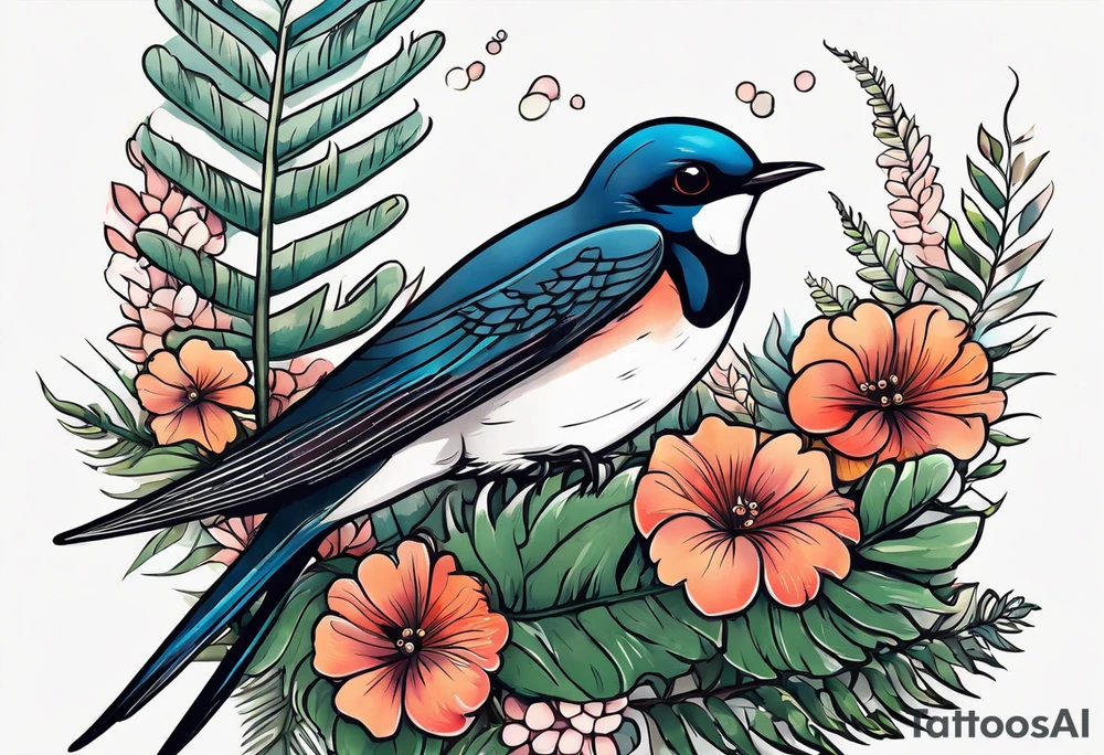 Swallow birds and floral background with ferns tattoo idea
