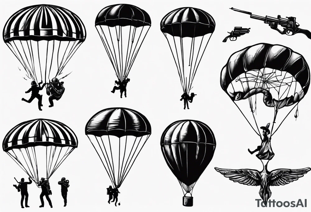man parachute and shooting guns tattoo idea